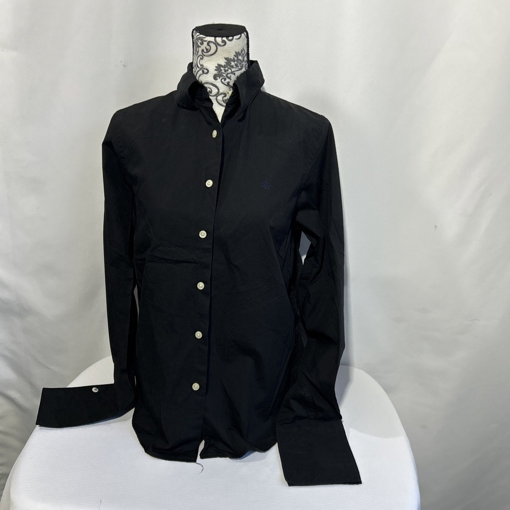 Lauren Ralph Lauren Shirt Womens Sz M Black Button Front Long Sleeve